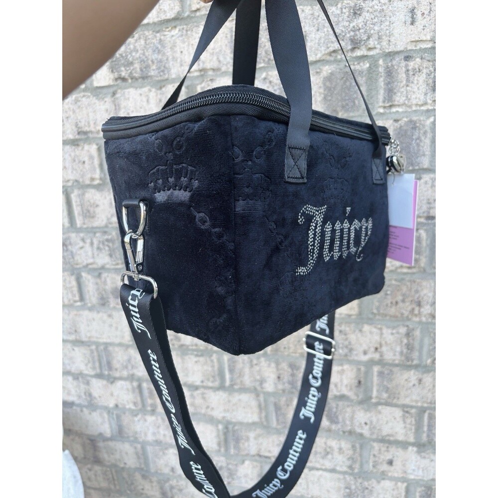 Juicy Couture Black Velour Cooler Bag Rhinestone Logo Insulated Lunch Tote NWT - Picture 3 of 4